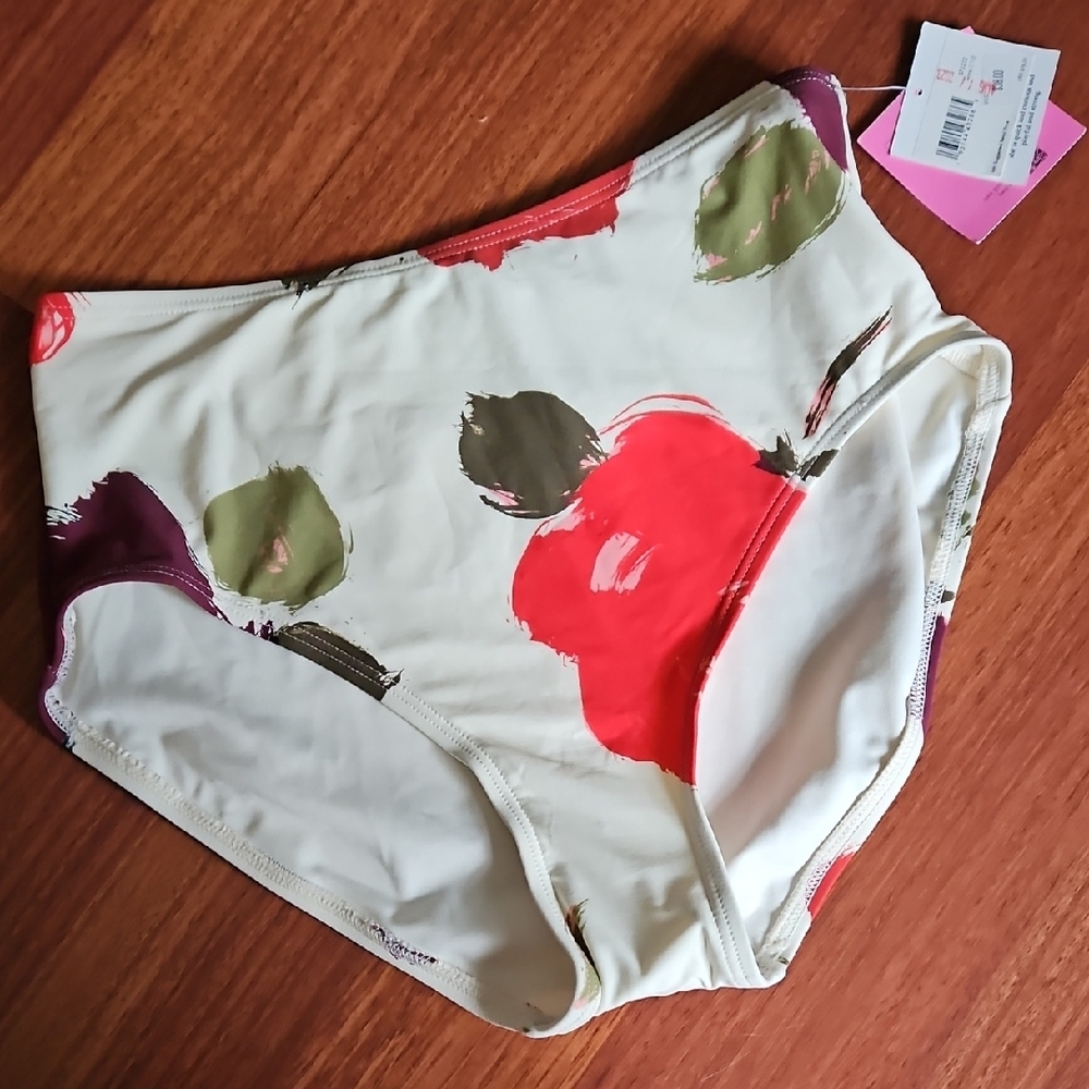 Marked Down KATE SPADE "Just Rosy" High Waisted Bikini Bottoms Ivory Red Roses M